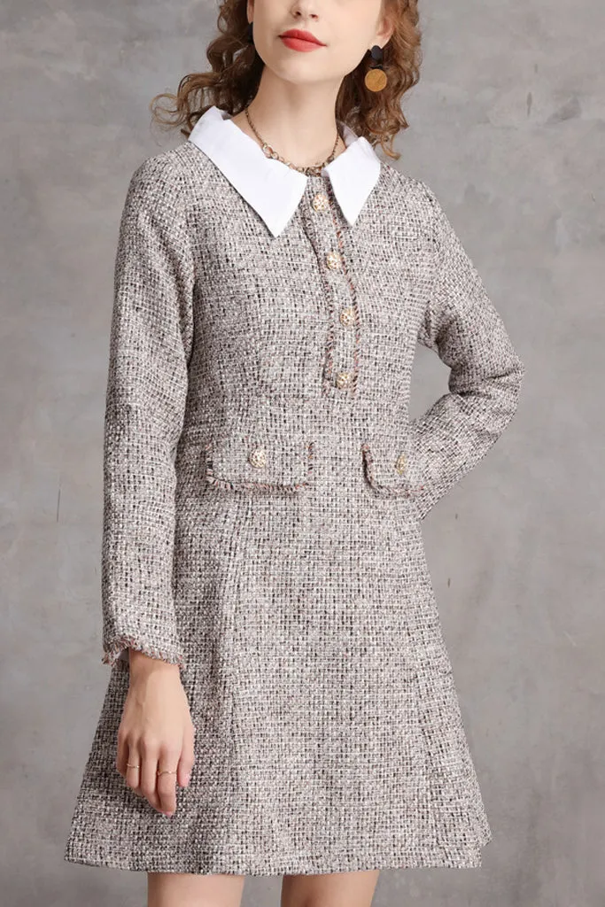 Long Sleeve Button Front Tweed A-line Dress