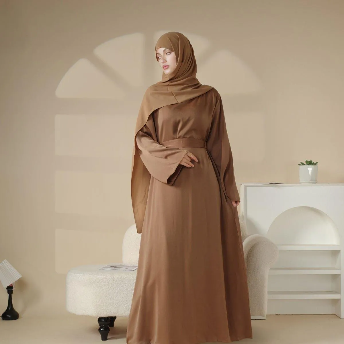 MA030 Satin Double Pocket Concealed Button Plain Abaya