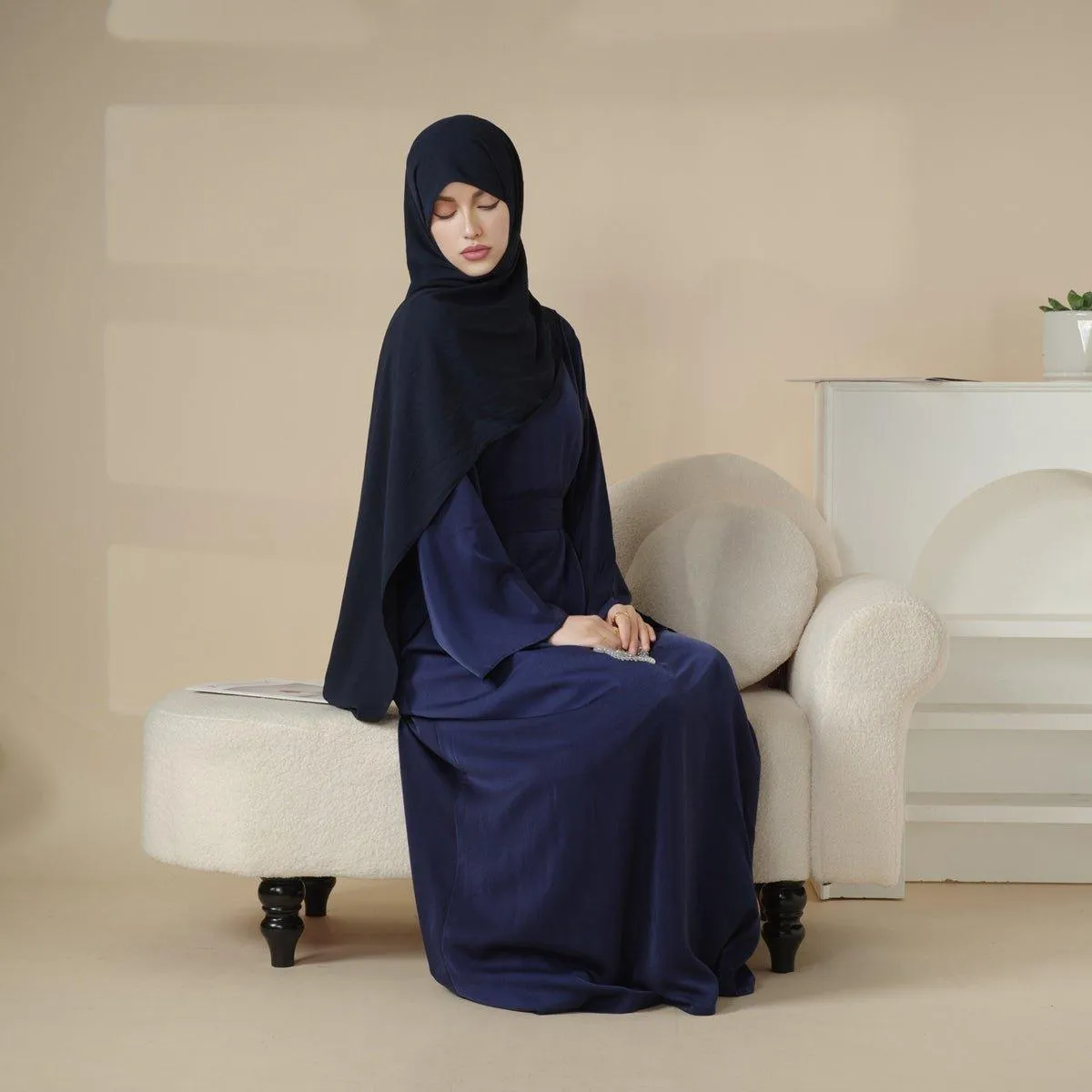 MA030 Satin Double Pocket Concealed Button Plain Abaya