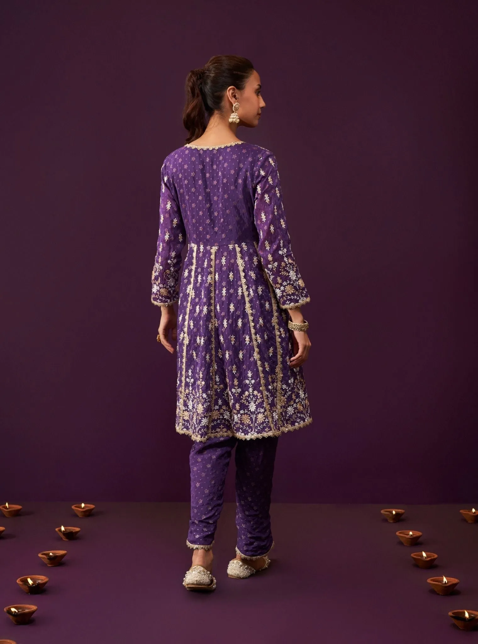 Mulmul Banarsi Nyah Purple Short Anarkali Kurta With Mulmul Banarsi Nyah Purple Dhoti Pant