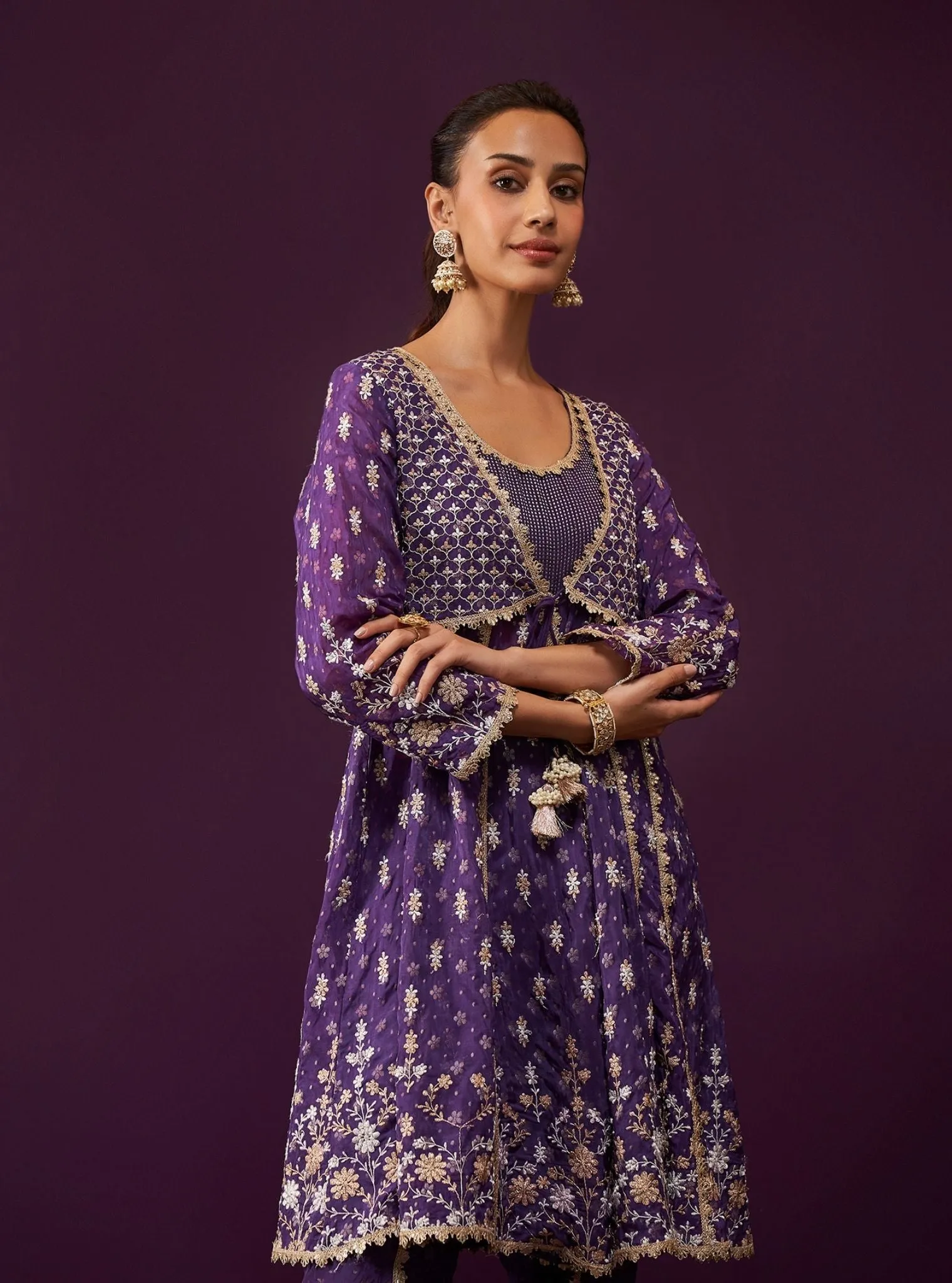 Mulmul Banarsi Nyah Purple Short Anarkali Kurta With Mulmul Banarsi Nyah Purple Dhoti Pant