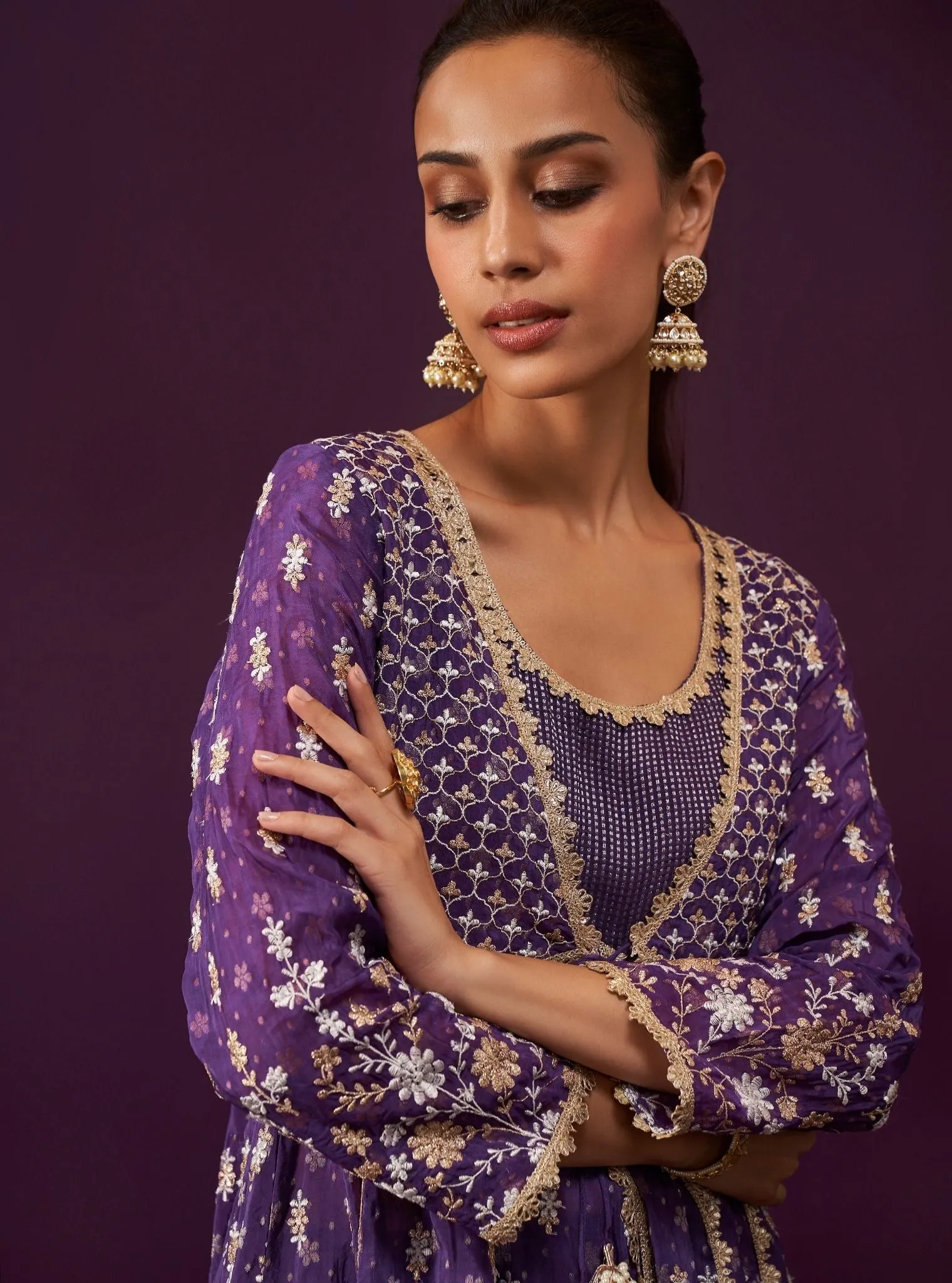 Mulmul Banarsi Nyah Purple Short Anarkali Kurta With Mulmul Banarsi Nyah Purple Dhoti Pant