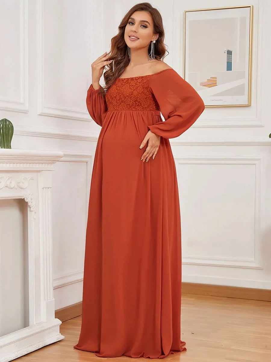 Off-Shoulder Sheer Lace Long Sleeve Bump Friendly Dress