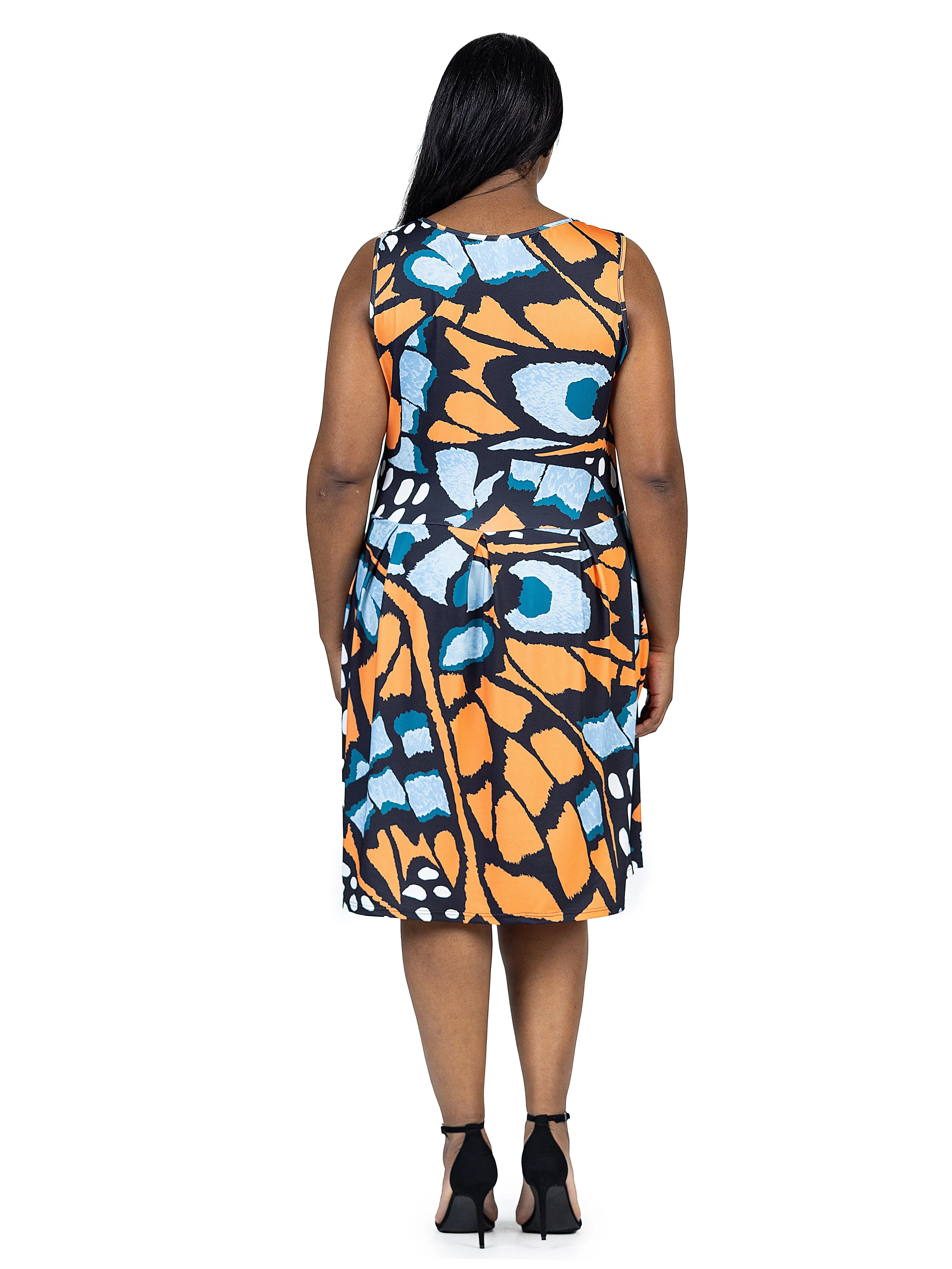 Orange Butterfly Print Plus Size Sleeveless Pleated Knee Length Pocket Dress