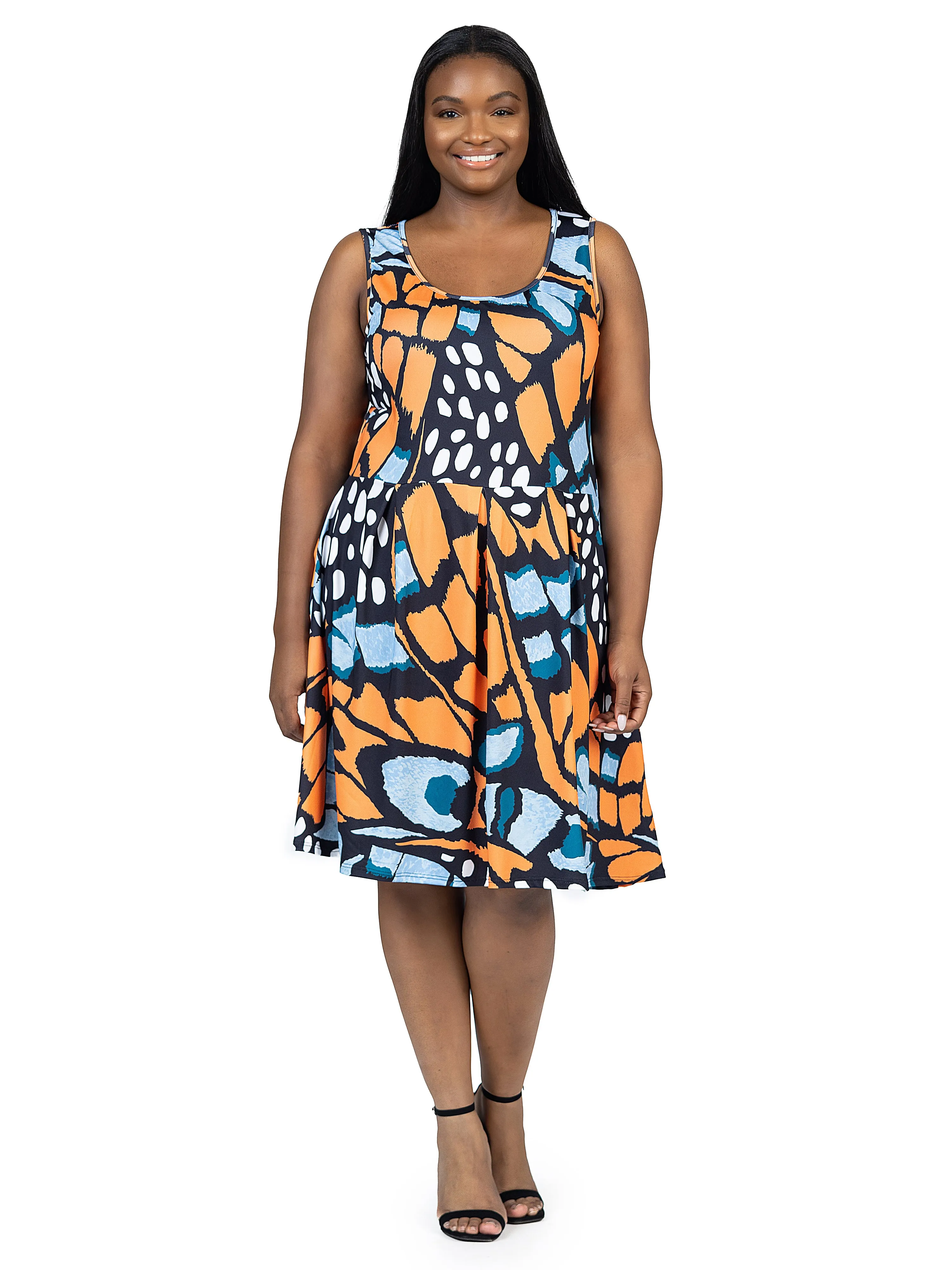 Orange Butterfly Print Plus Size Sleeveless Pleated Knee Length Pocket Dress