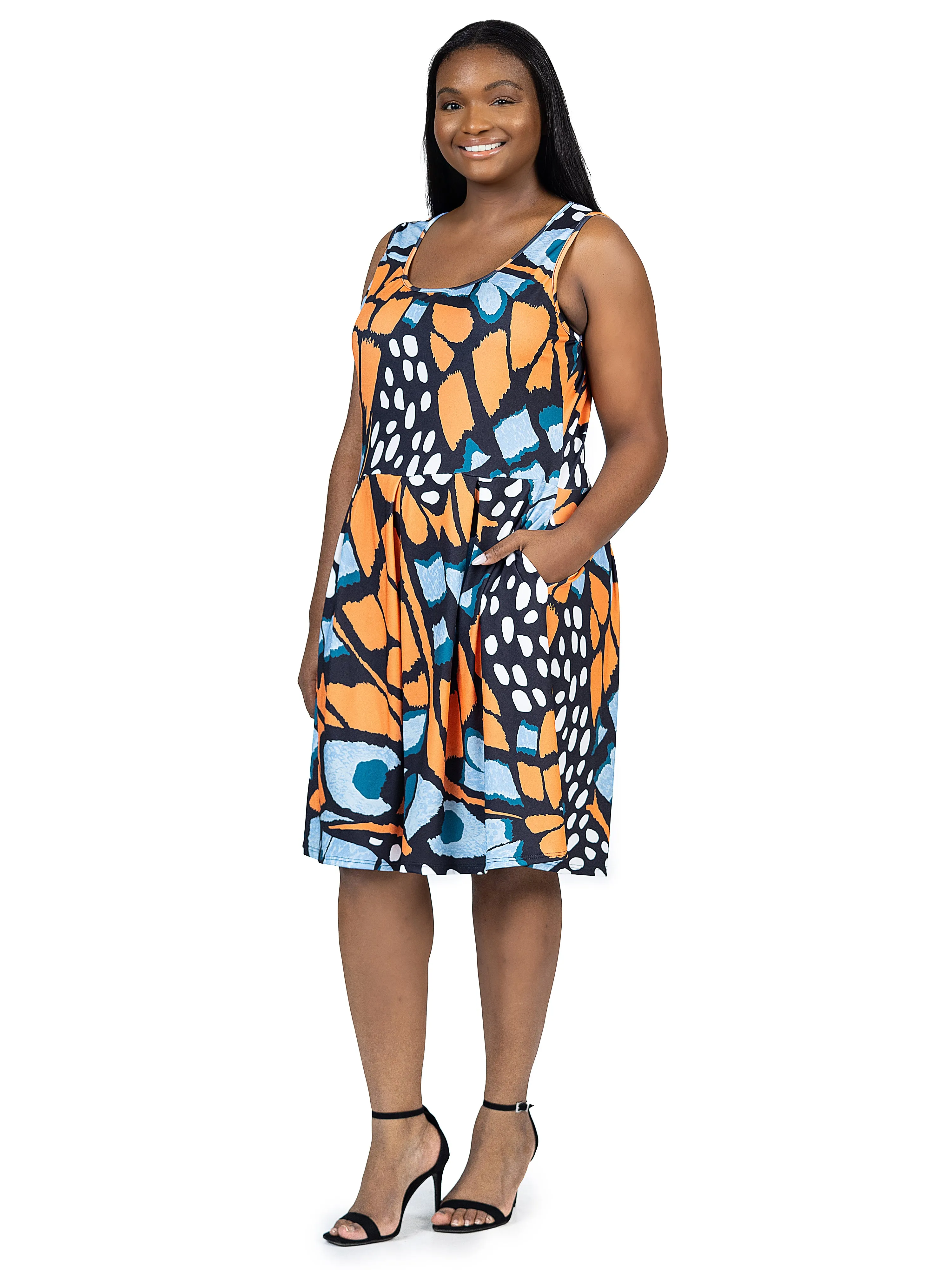 Orange Butterfly Print Plus Size Sleeveless Pleated Knee Length Pocket Dress