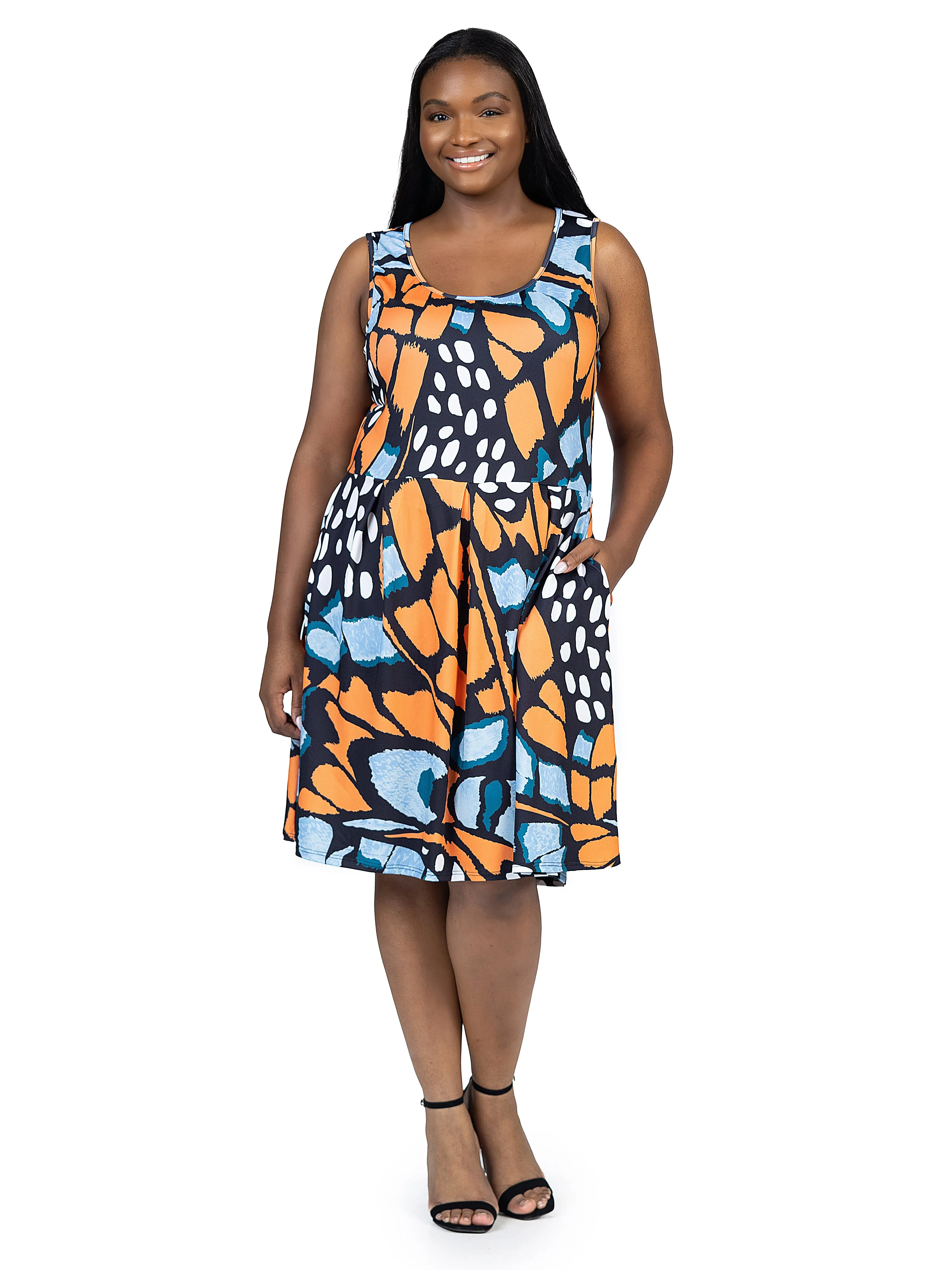 Orange Butterfly Print Plus Size Sleeveless Pleated Knee Length Pocket Dress