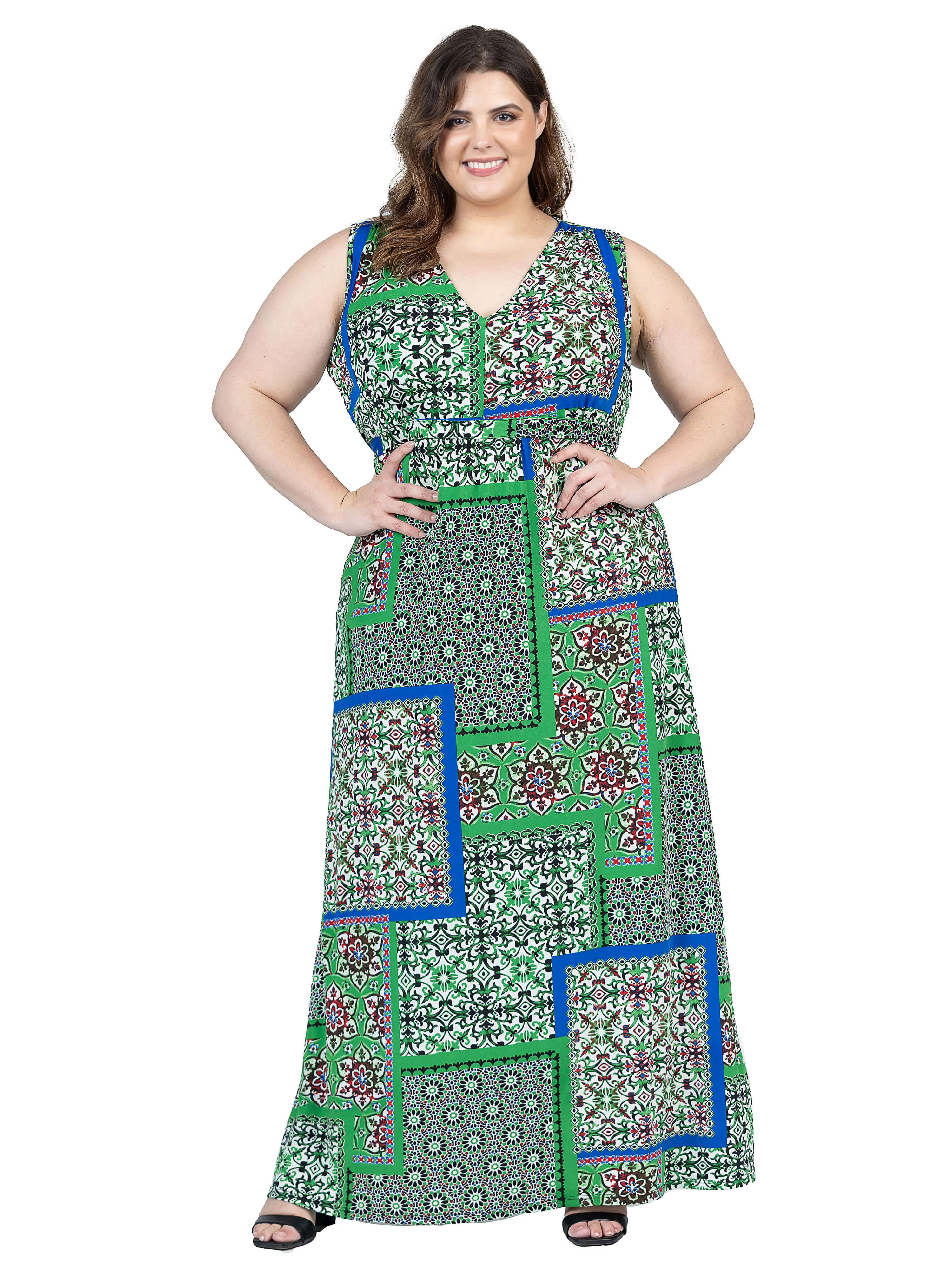 Plus Size Green Scarf Print V Neck Empire Waist Sleeveless Maxi Dress