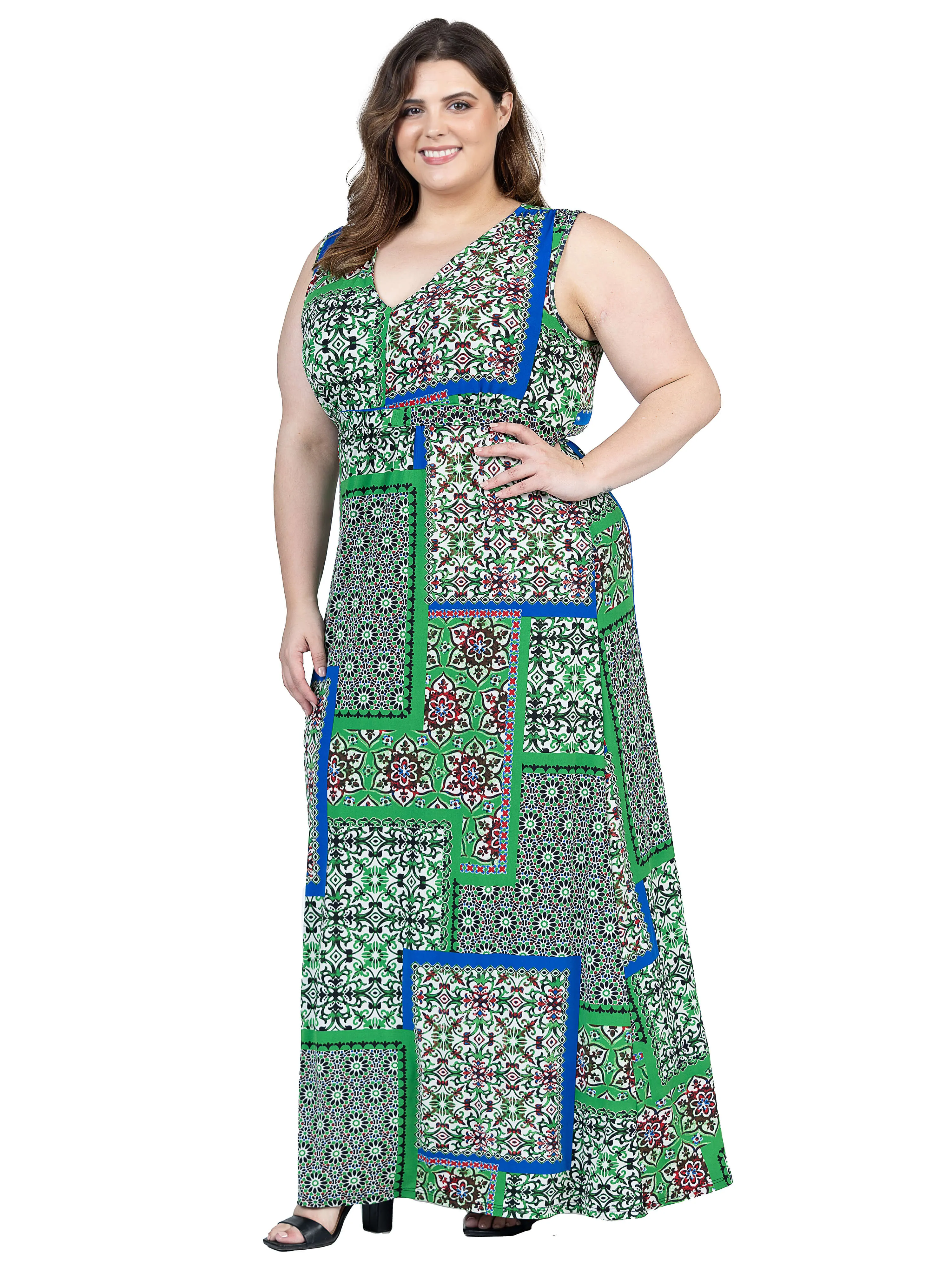 Plus Size Green Scarf Print V Neck Empire Waist Sleeveless Maxi Dress