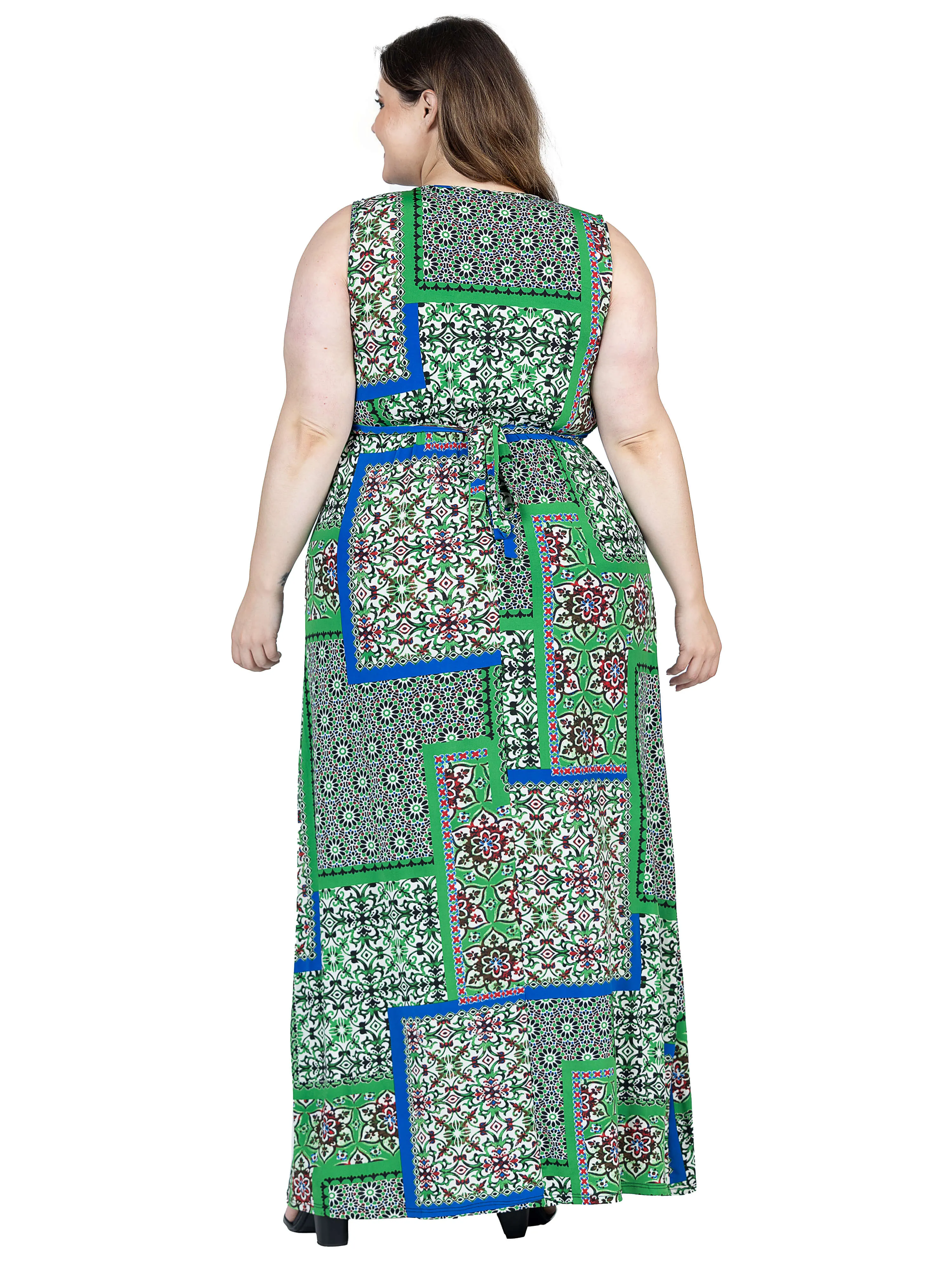 Plus Size Green Scarf Print V Neck Empire Waist Sleeveless Maxi Dress