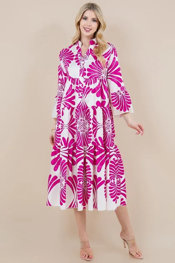 Printed Long Sleeve Tiered Ruffle Dress