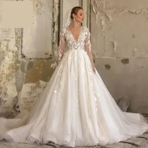 Romantic Flower A-Line Long Sleeve Illusion Lace Princess Wedding Bridal Gown