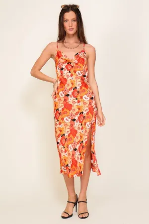 Rust/Cream Satin Floral Print Maxi Dress With Front Slit