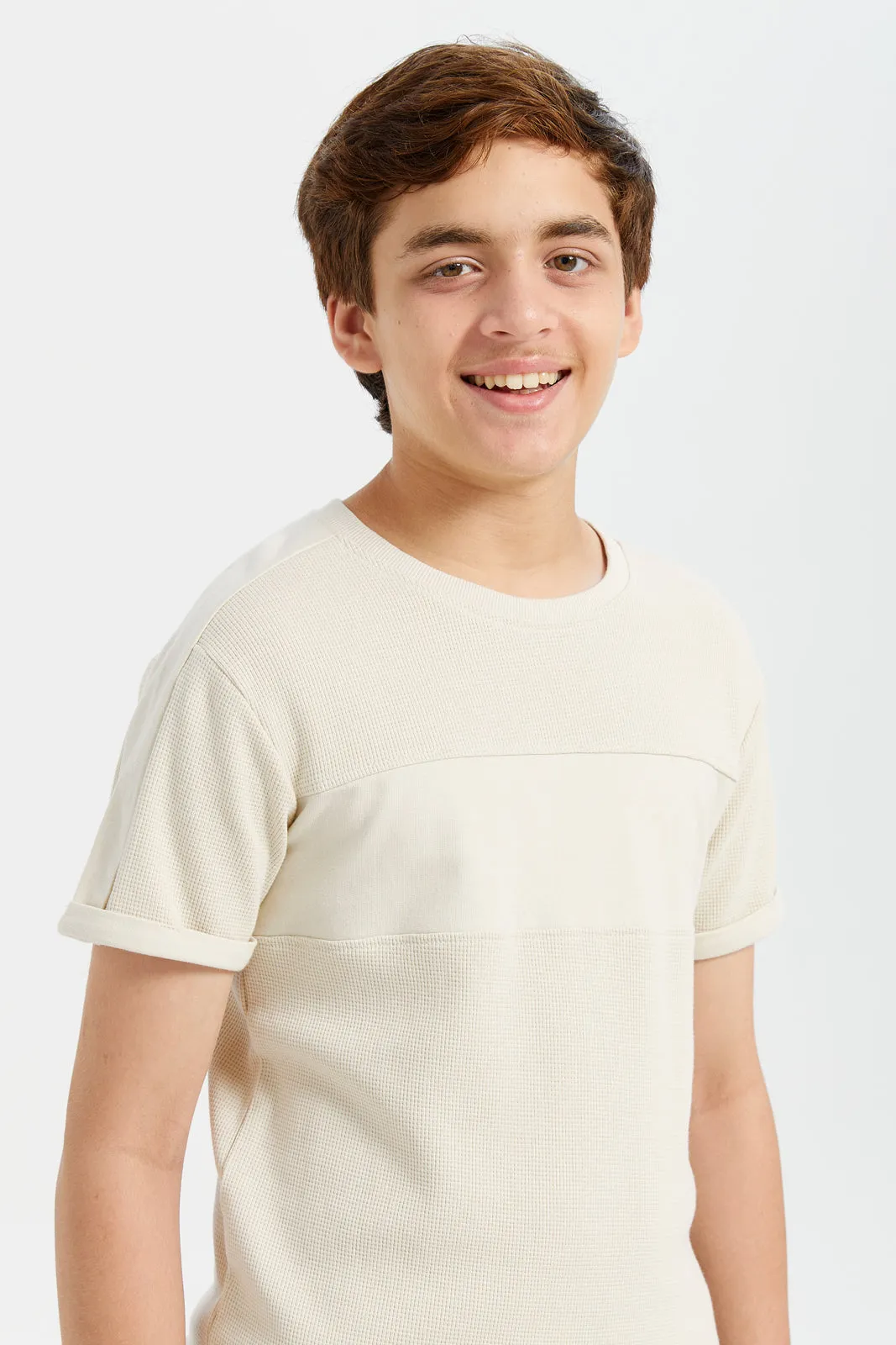 Senior Boys Beige Jacquard T-Shirt