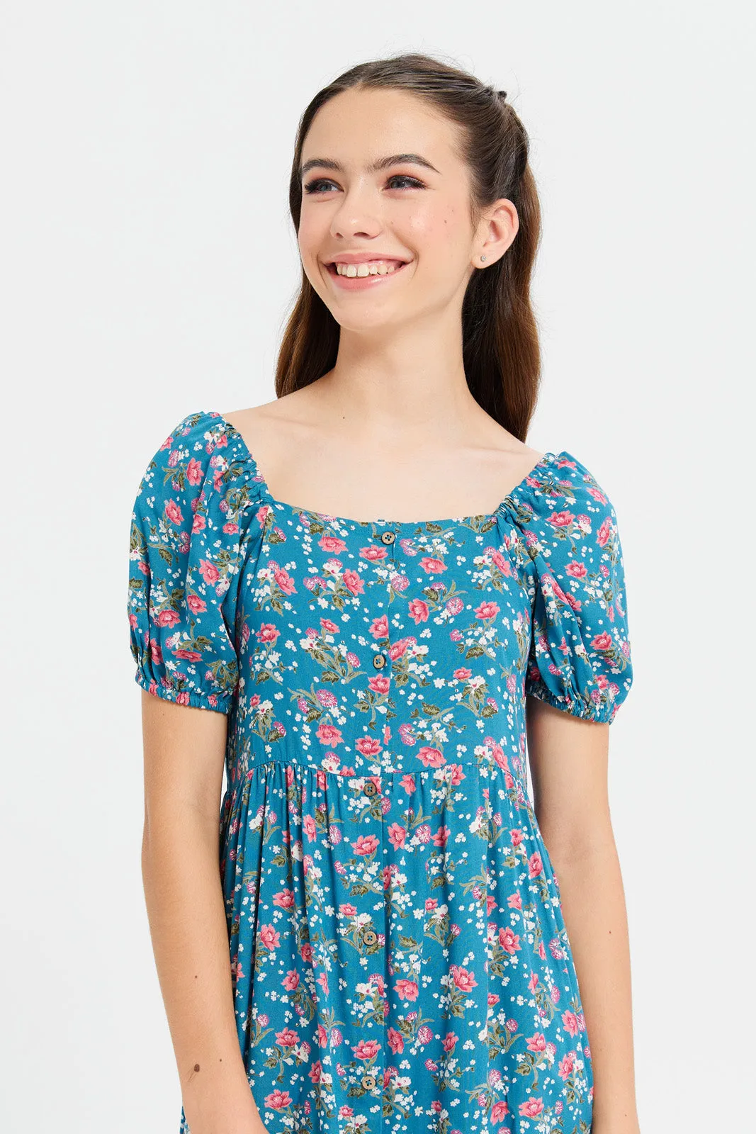 Senior Girls Blue Floral Print Dress