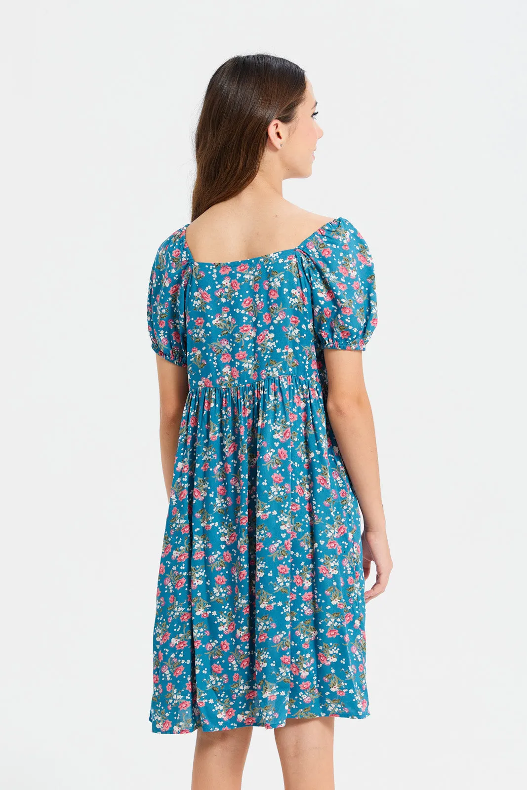 Senior Girls Blue Floral Print Dress