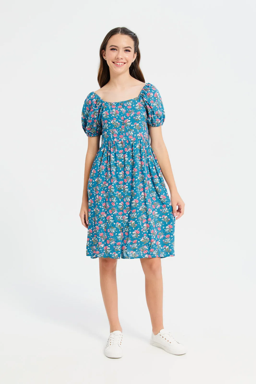 Senior Girls Blue Floral Print Dress