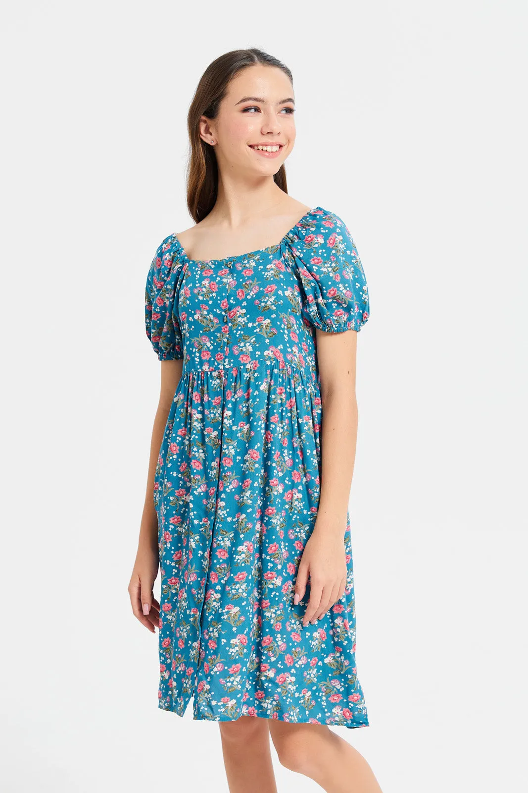 Senior Girls Blue Floral Print Dress