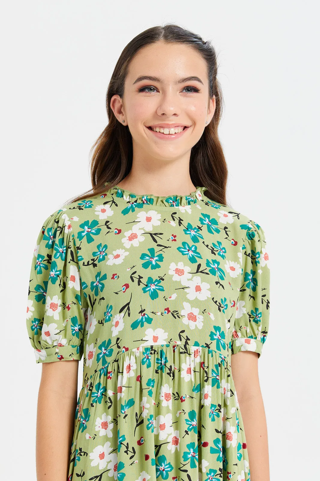 Senior Girls Green Floral Print Dress