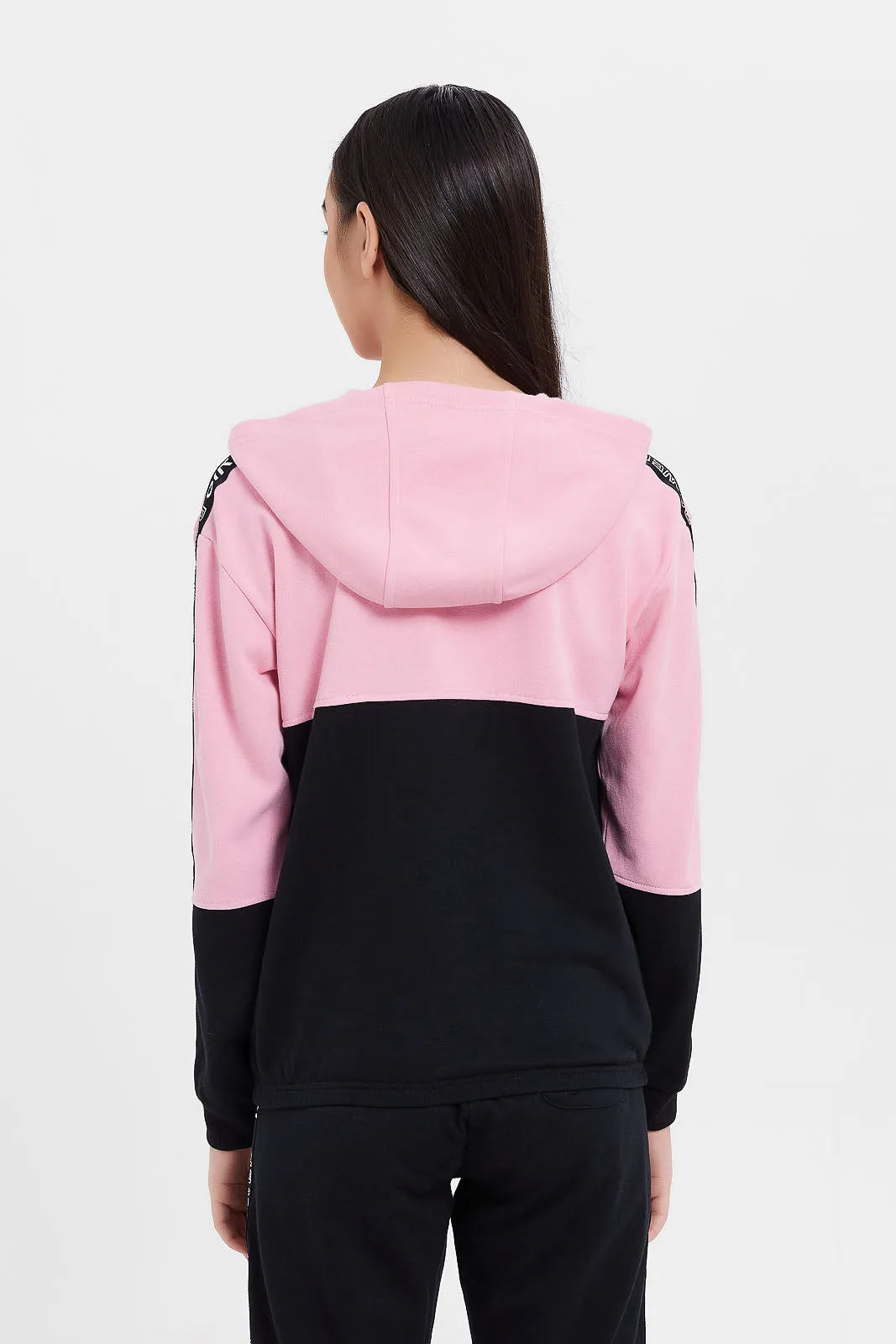 Senior Girls Pink And Black Colour Block Sweatshirt