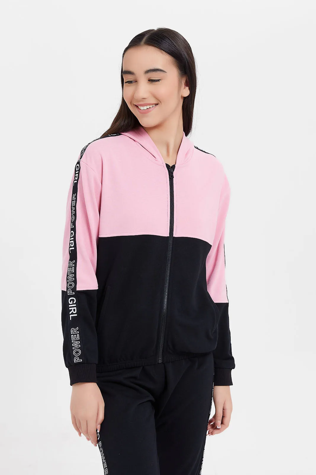 Senior Girls Pink And Black Colour Block Sweatshirt