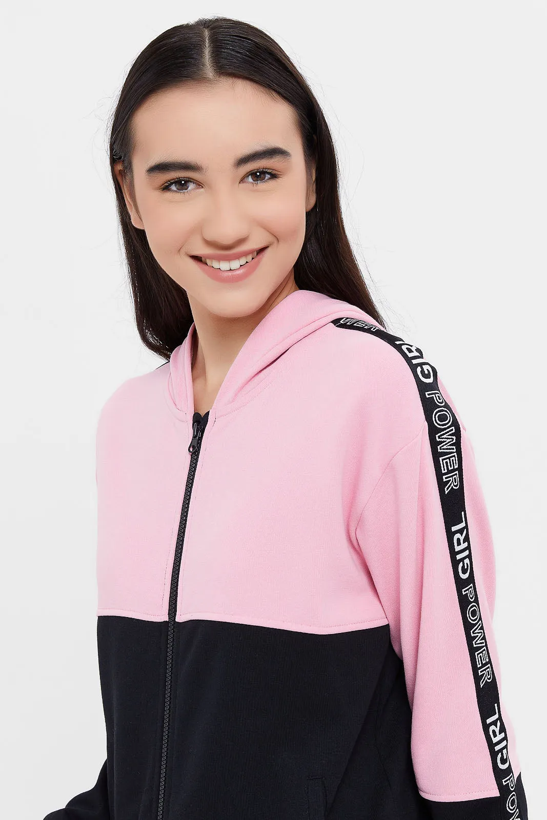 Senior Girls Pink And Black Colour Block Sweatshirt