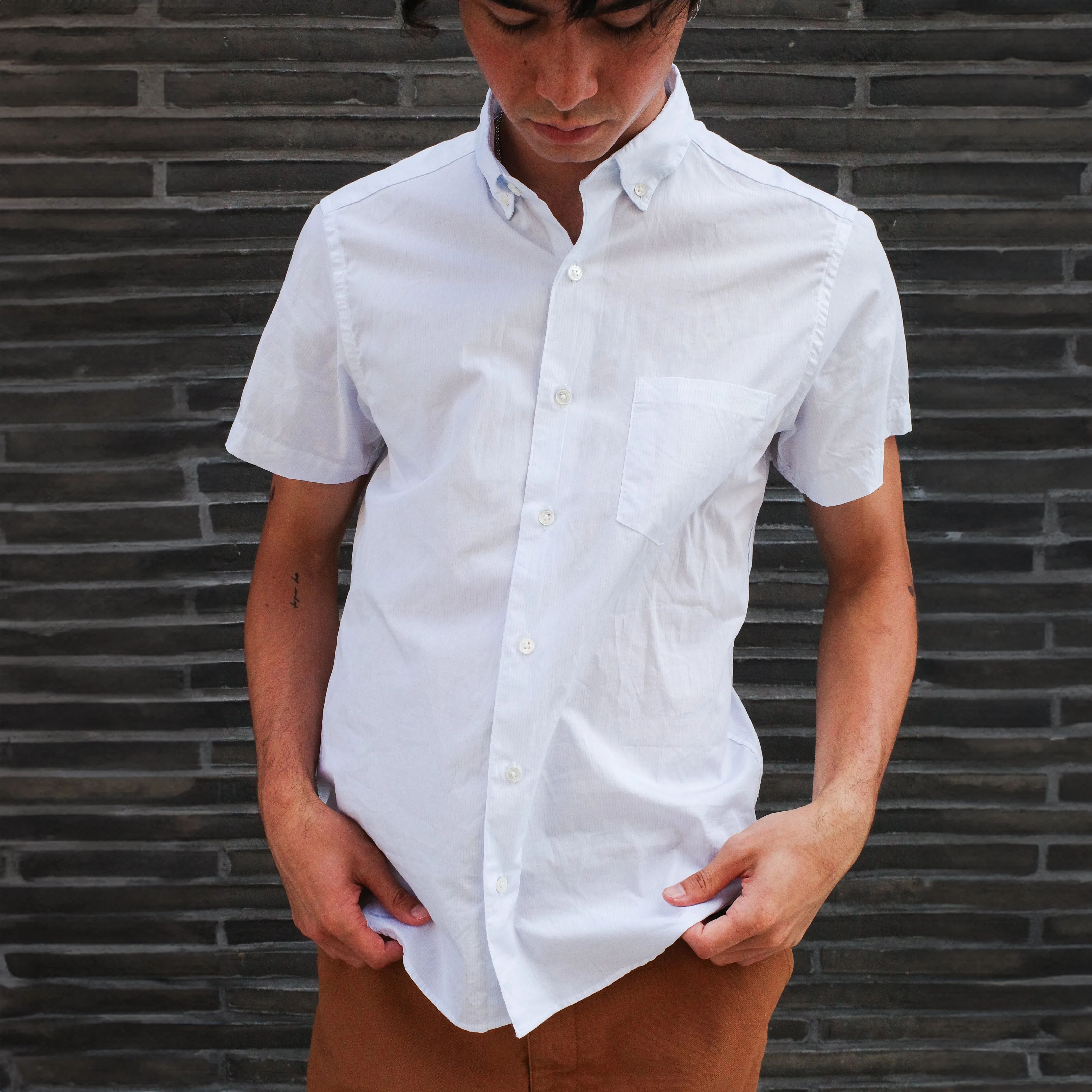 Short Sleeve Single Needle Shirt, Blue Micro Stripe