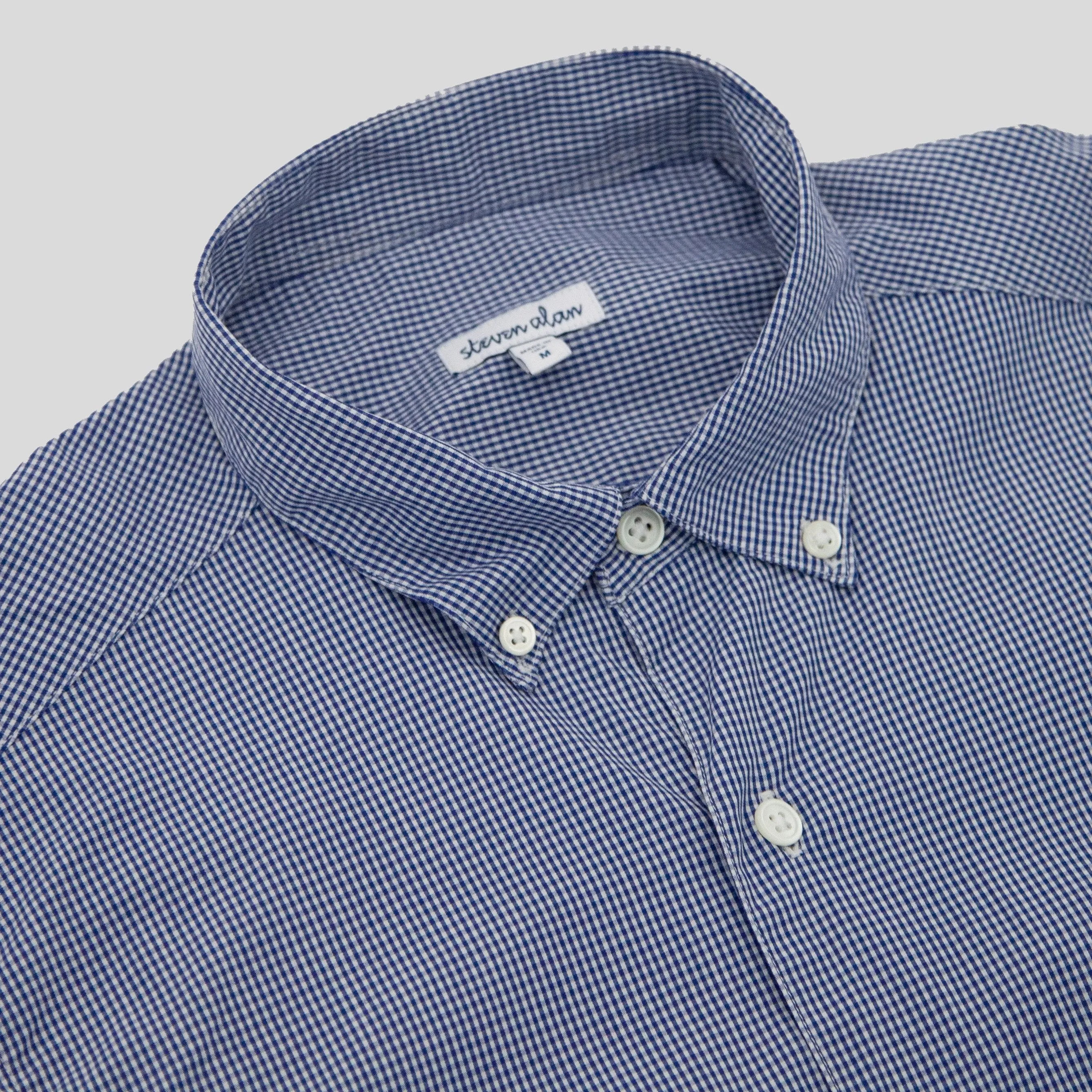 Short Sleeve Single Needle Shirt, Micro Gingham Blue