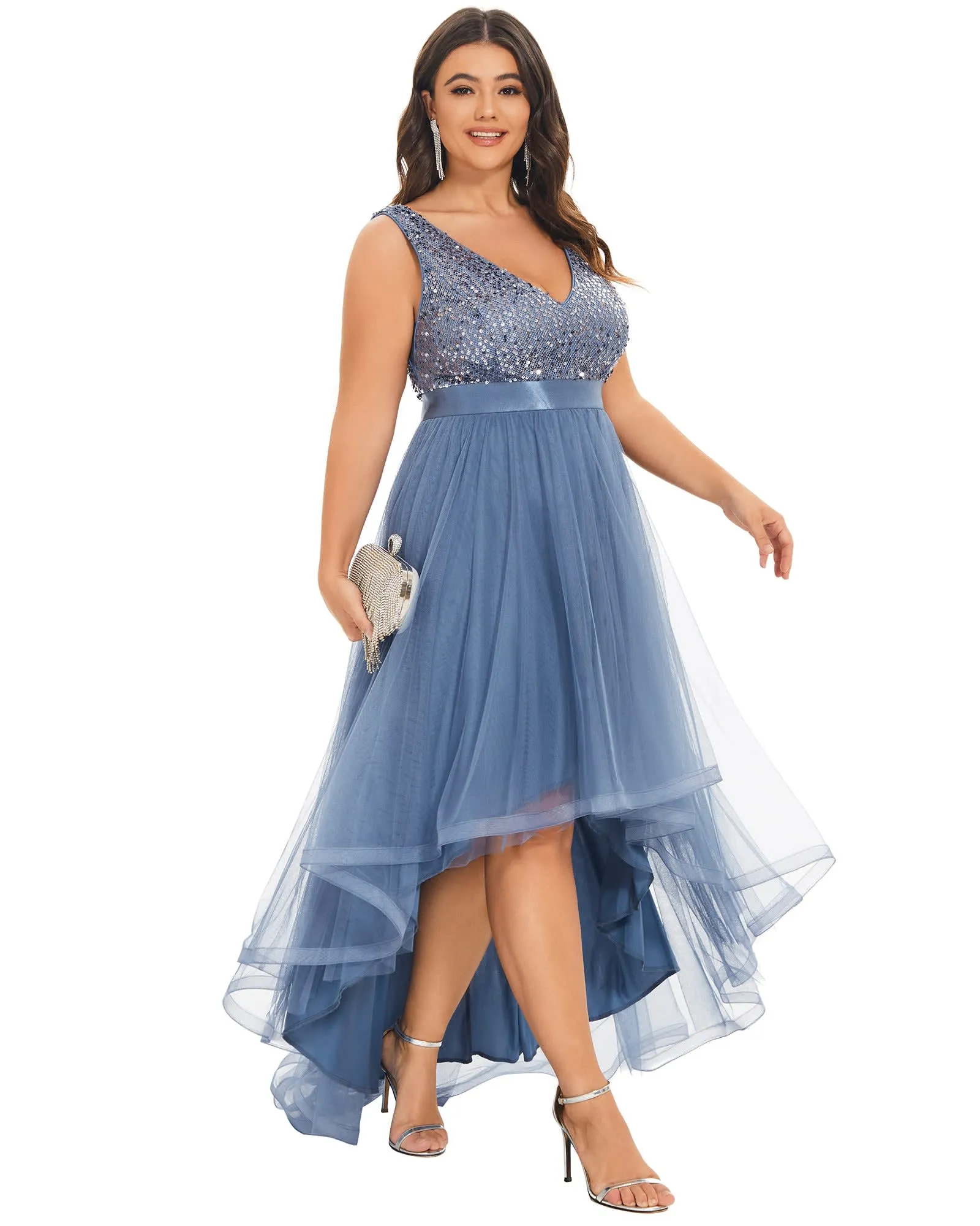 Sleeveless Sequin Ribbon Waist Tulle High Low Evening Dress | Dusty Navy