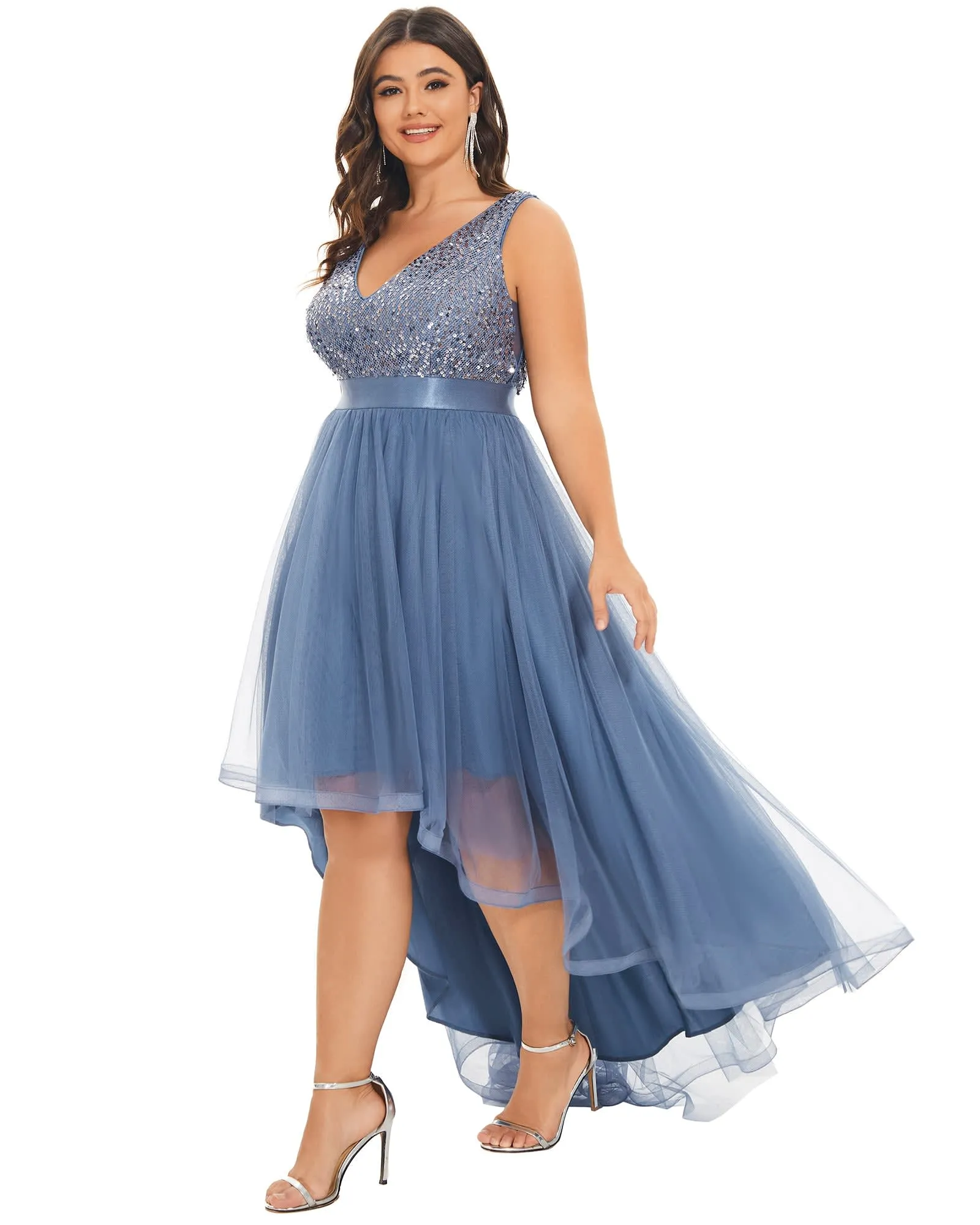 Sleeveless Sequin Ribbon Waist Tulle High Low Evening Dress | Dusty Navy