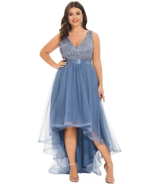 Sleeveless Sequin Ribbon Waist Tulle High Low Evening Dress | Dusty Navy