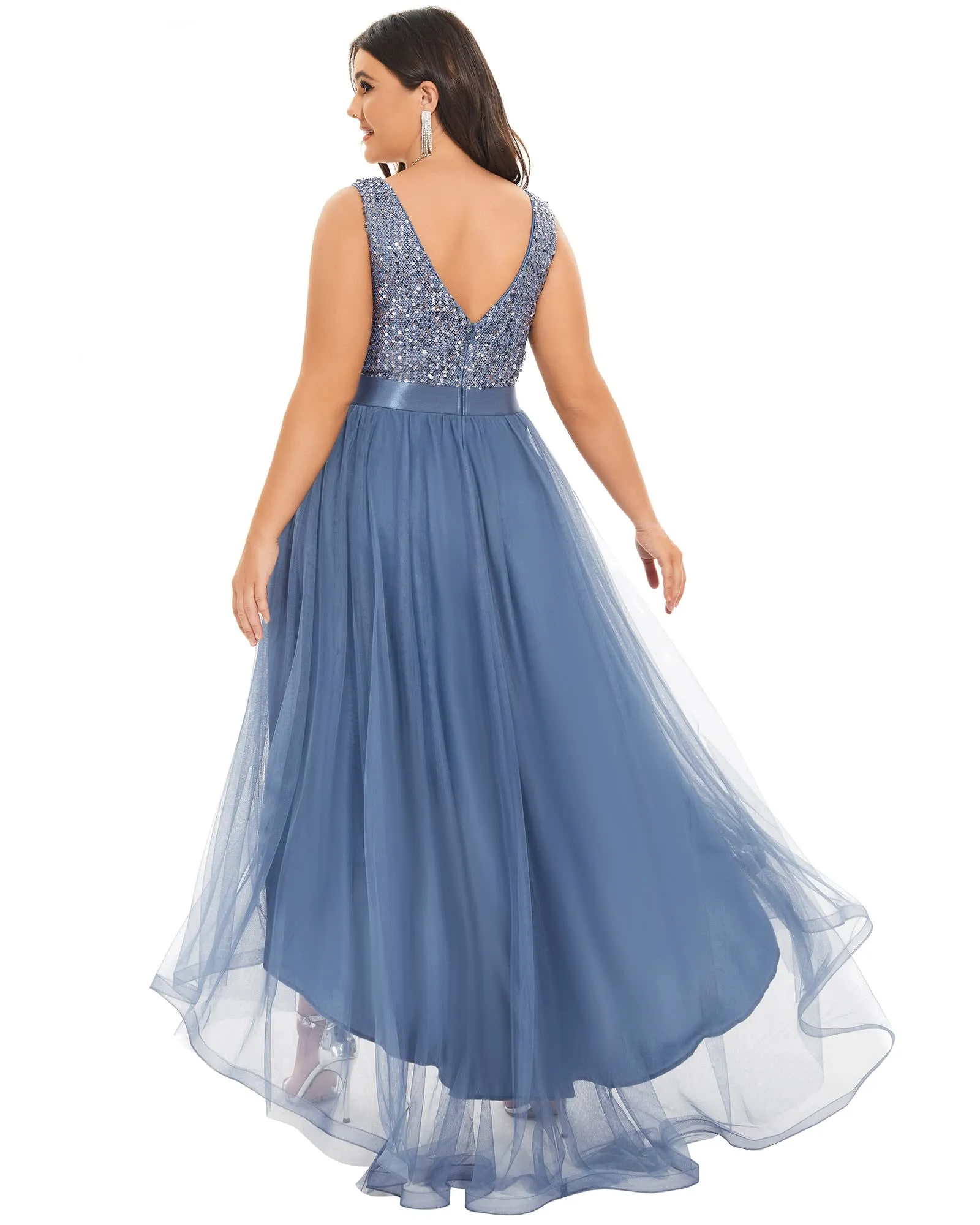 Sleeveless Sequin Ribbon Waist Tulle High Low Evening Dress | Dusty Navy