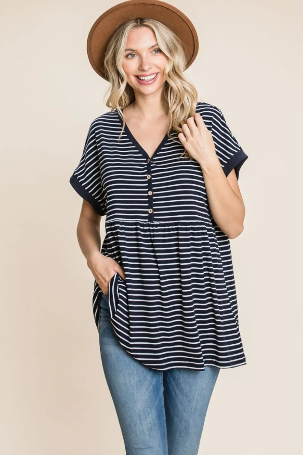 Striped Button Front Baby Doll Top