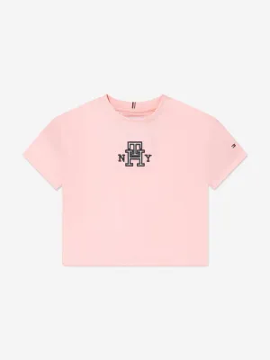 Tommy Hilfiger Girls Monogram Satin Applique T-Shirt in Pink