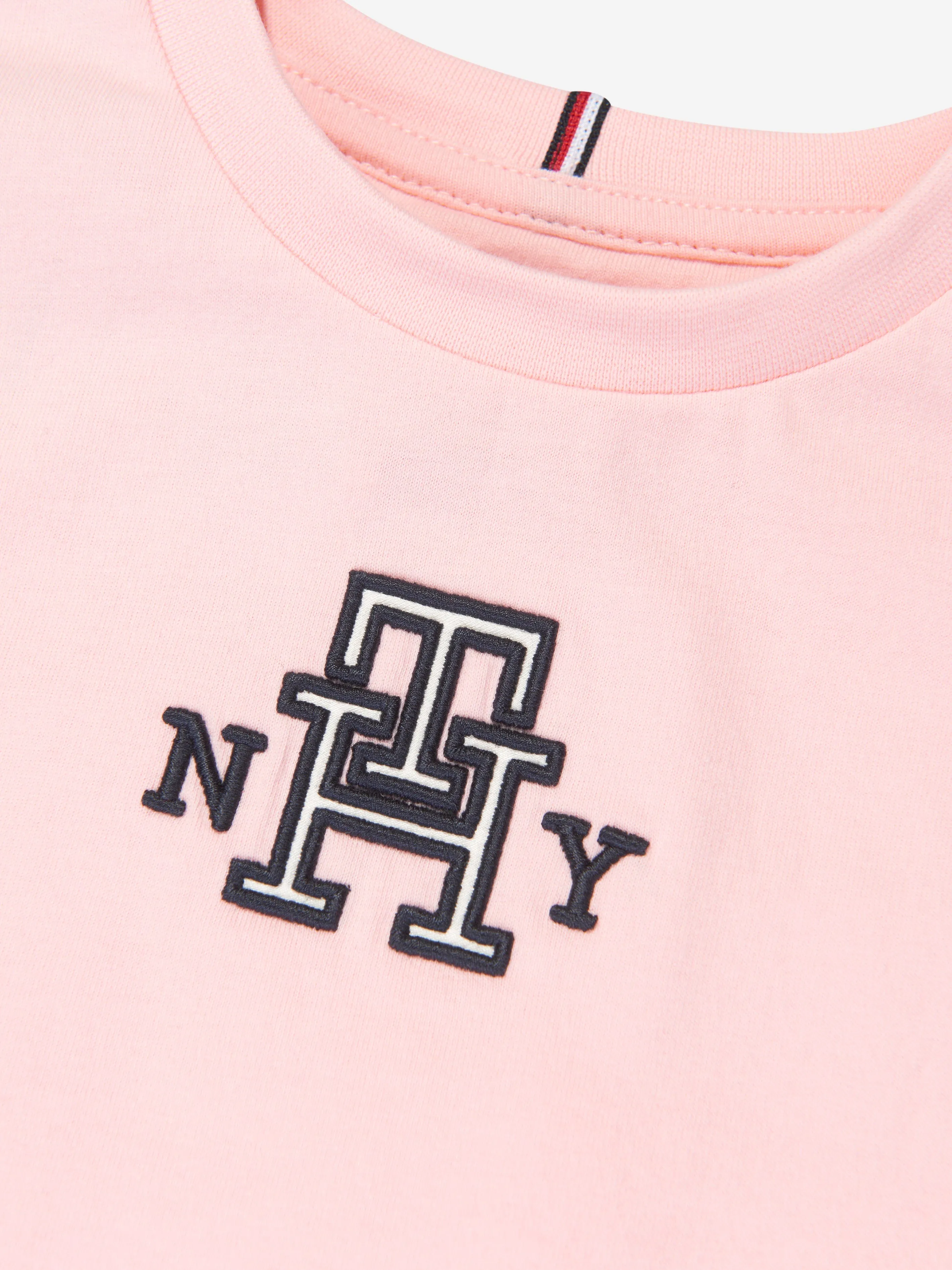 Tommy Hilfiger Girls Monogram Satin Applique T-Shirt in Pink