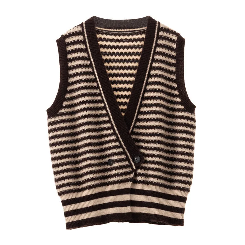 V-neck Stacked Knitted Double-breasted Cashmere Sleeveless Sweater Cardigan