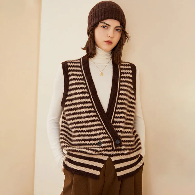 V-neck Stacked Knitted Double-breasted Cashmere Sleeveless Sweater Cardigan