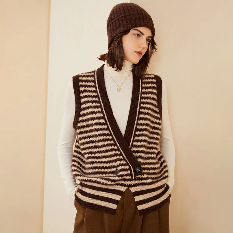 V-neck Stacked Knitted Double-breasted Cashmere Sleeveless Sweater Cardigan