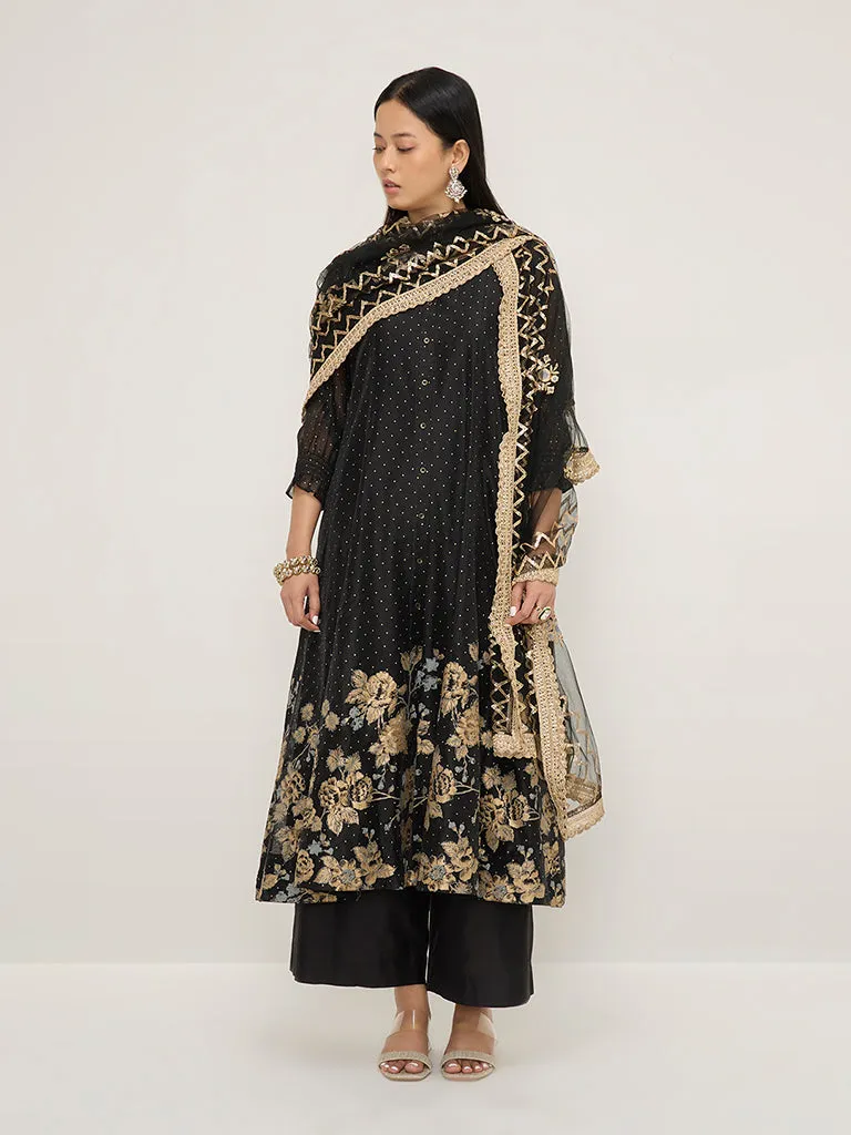 Vark Black Floral Printed A-Line Kurta, Inner, Ethnic Pants and Dupatta Set