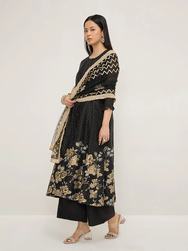 Vark Black Floral Printed A-Line Kurta, Inner, Ethnic Pants and Dupatta Set