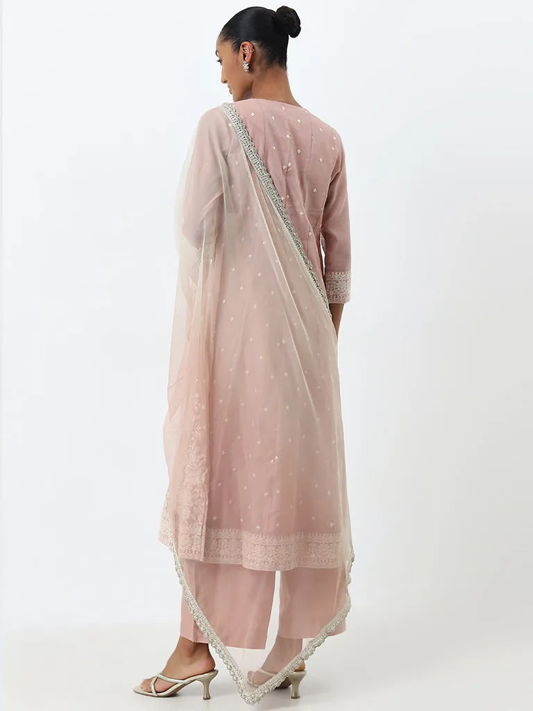 Vark Blush Pink Embroidered Kurta, Pants and Dupatta Set