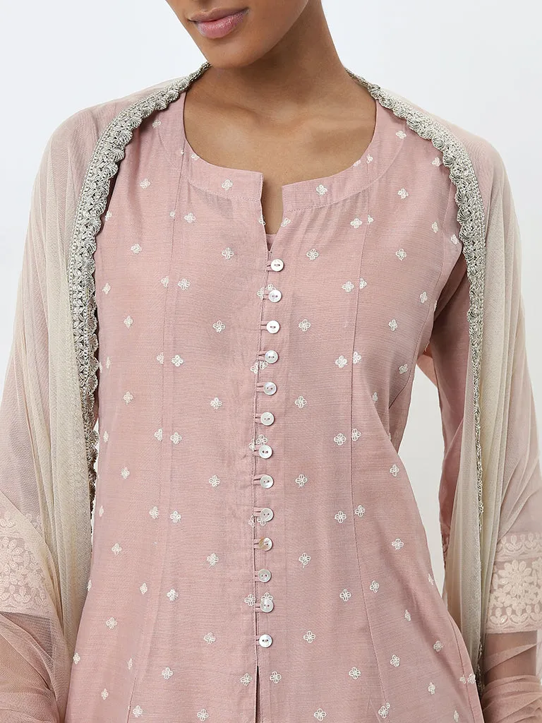 Vark Blush Pink Embroidered Kurta, Pants and Dupatta Set