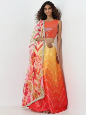 Vark Orange Embellished Top, Skirt and Dupatta Set