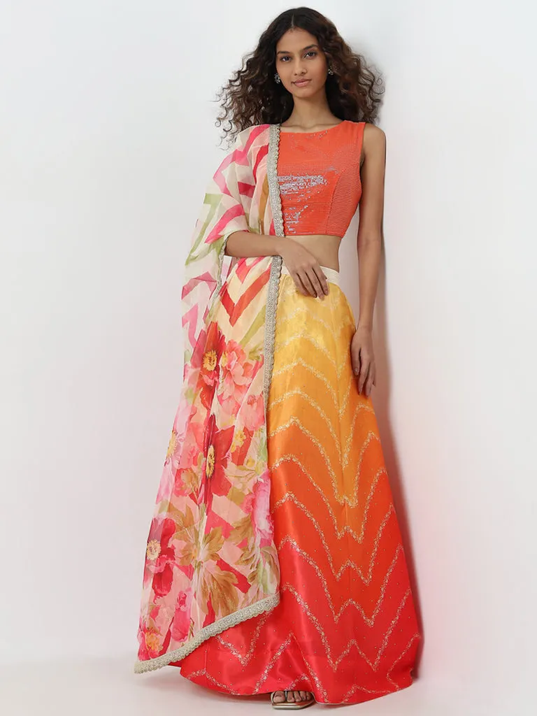 Vark Orange Embellished Top, Skirt and Dupatta Set