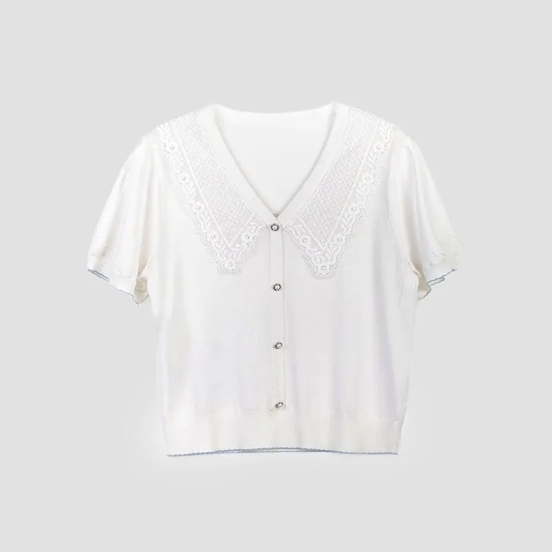 White Short Sleeve Lace Collar T-Shirt