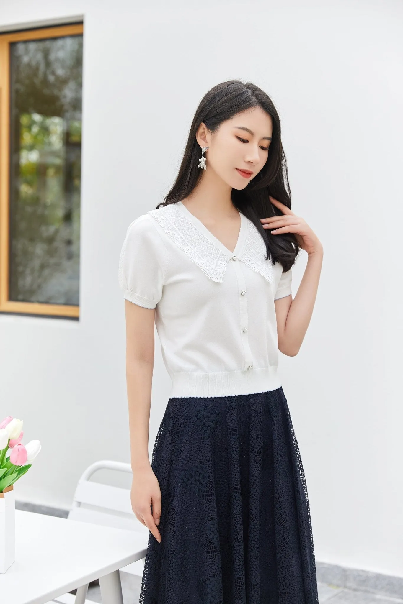 White Short Sleeve Lace Collar T-Shirt