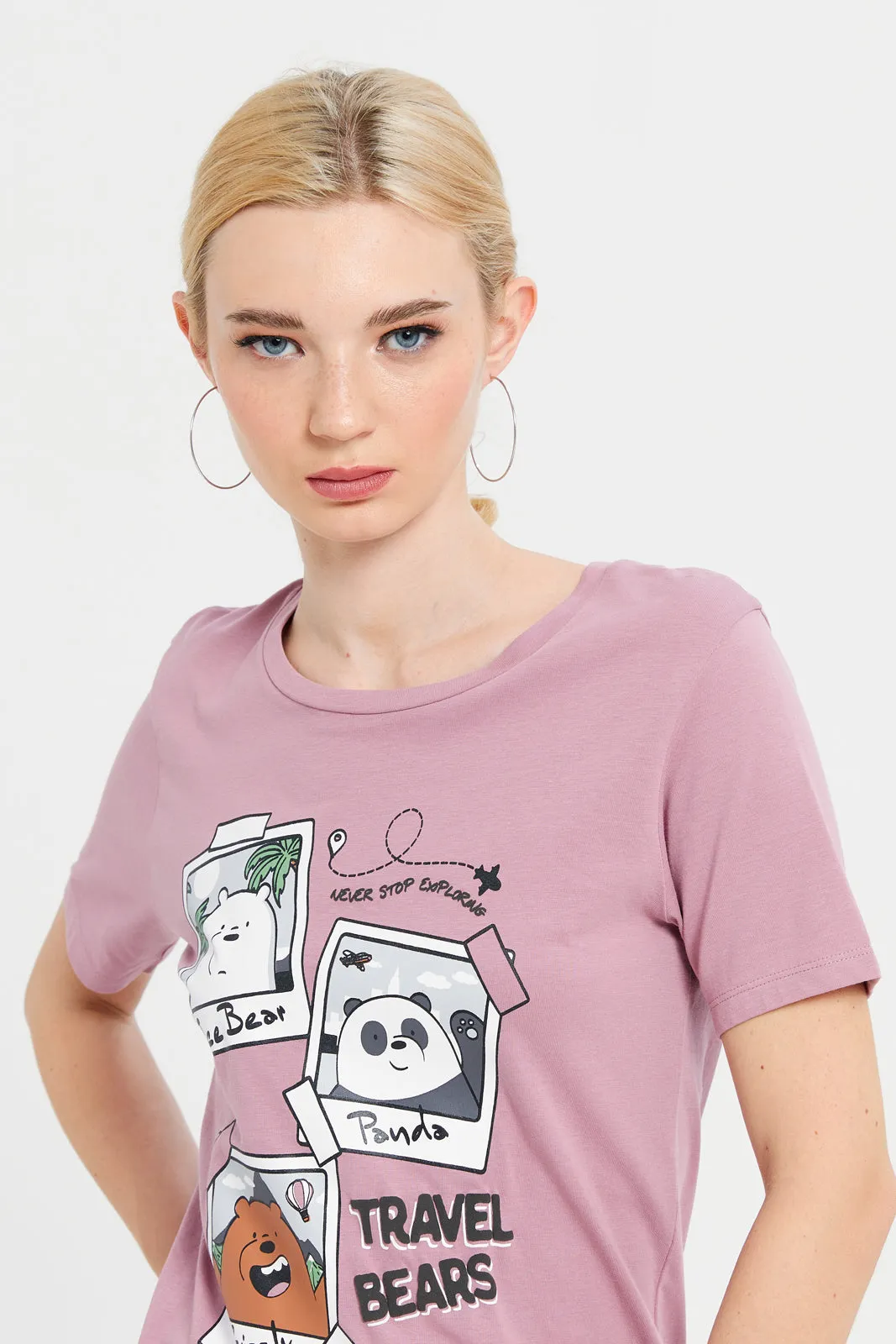 Women Mauve We Bare Bears Printed T-Shirt