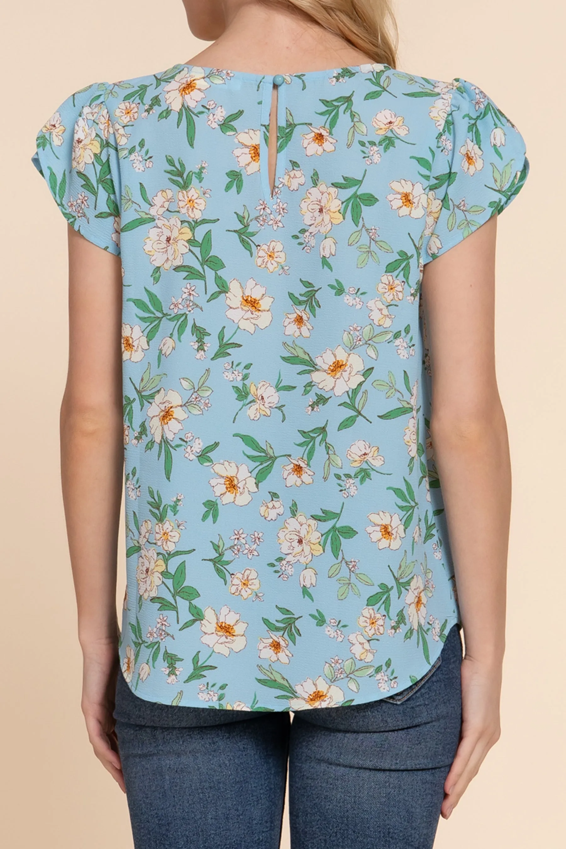 Women's Floral Print Woven Top with Short Tulip Sleeves Round Neck