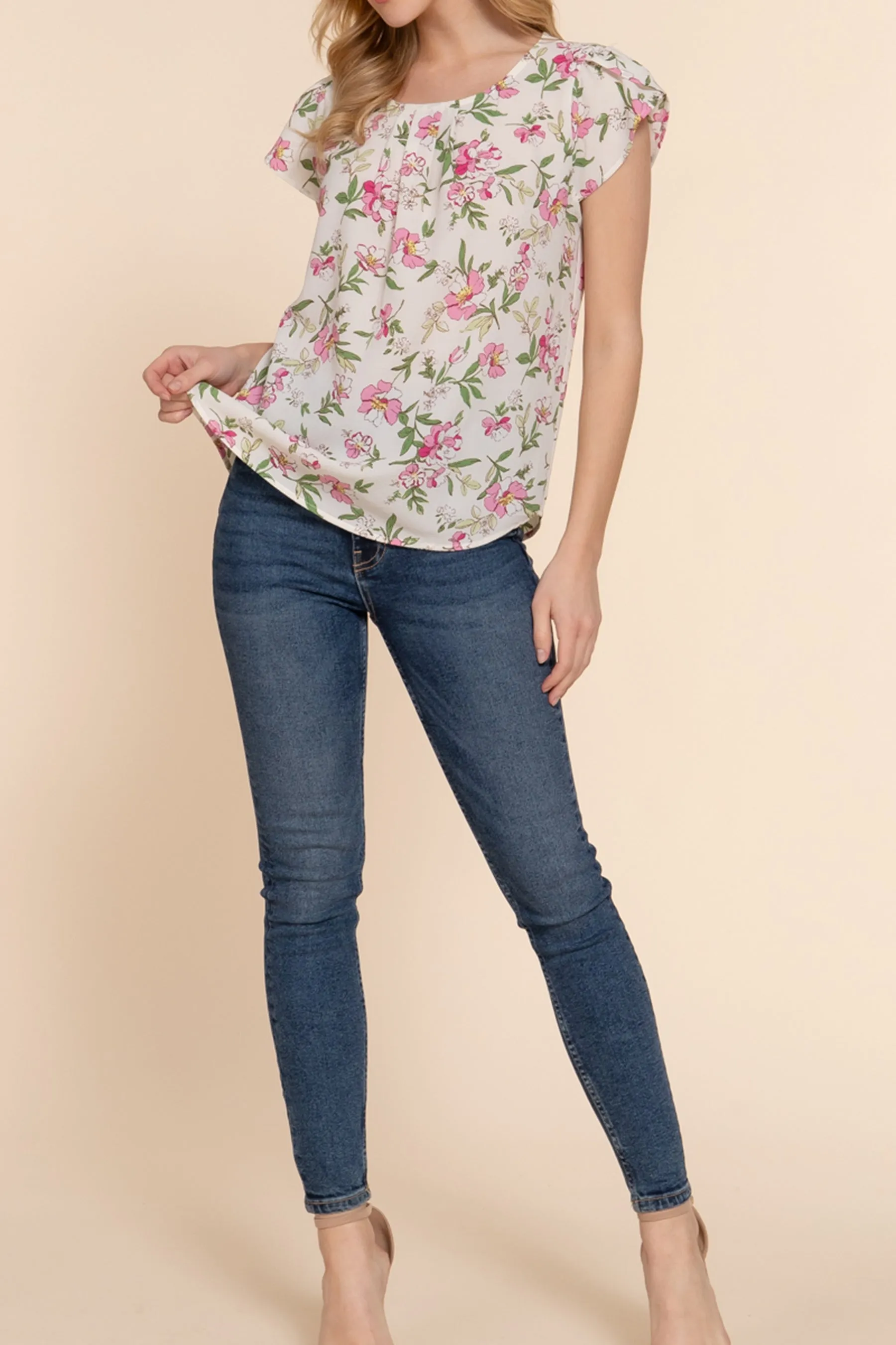 Women's Floral Print Woven Top with Short Tulip Sleeves Round Neck